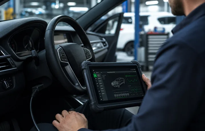 Diagnosescanner am Fahrzeug zur elektronischen Systemprüfung
