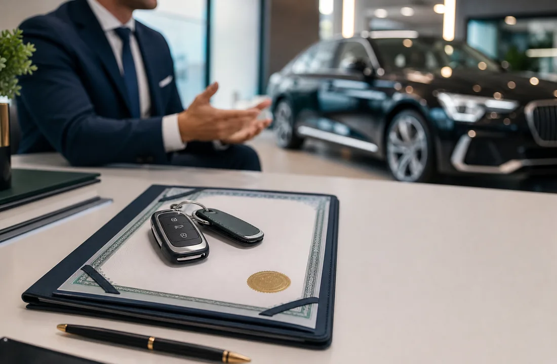 Premium-Händler Garantieunterlagen und Fahrzeugschluessel vorbereitet für Kundenübergabe